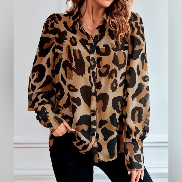 Leopard Print Sheer Button Down Shirt Top Blouse - Picture 4 of 6